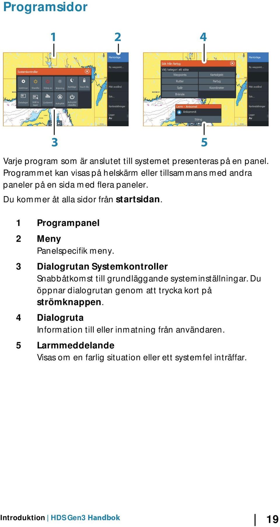 1 Programpanel 2 Meny Panelspecifik meny. 3 Dialogrutan Systemkontroller Snabbåtkomst till grundläggande systeminställningar.