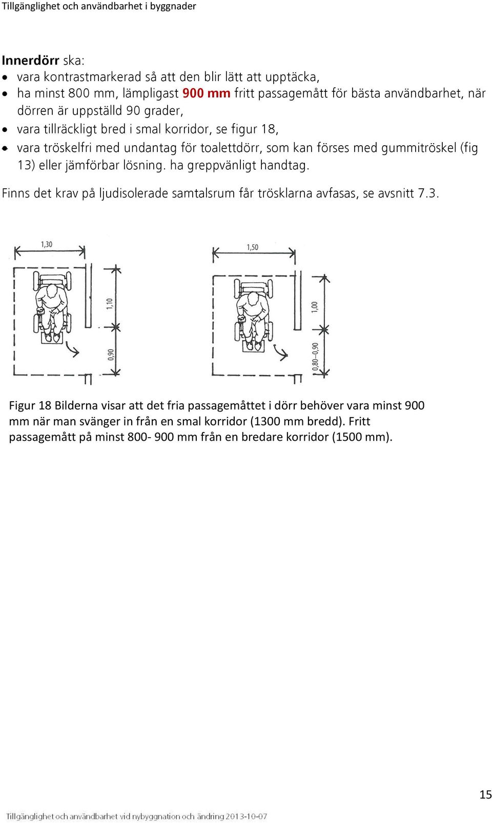 (fig 13) eller jämförbar lösning. ha greppvänligt handtag. Finns det krav på ljudisolerade samtalsrum får trösklarna avfasas, se avsnitt 7.3. Figur 18 Bilderna visar att det fria passagemåttet i dörr behöver vara minst 900 mm när man svänger in från en smal korridor (1300 mm bredd).