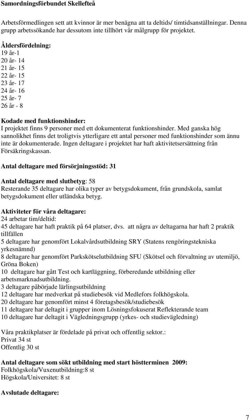 Åldersfördelning: 19 år-1 20 år- 14 21 år- 15 22 år- 15 23 år- 17 24 år- 16 25 år- 7 26 år - 8 Kodade med funktionshinder: I projektet finns 9 personer med ett dokumenterat funktionshinder.