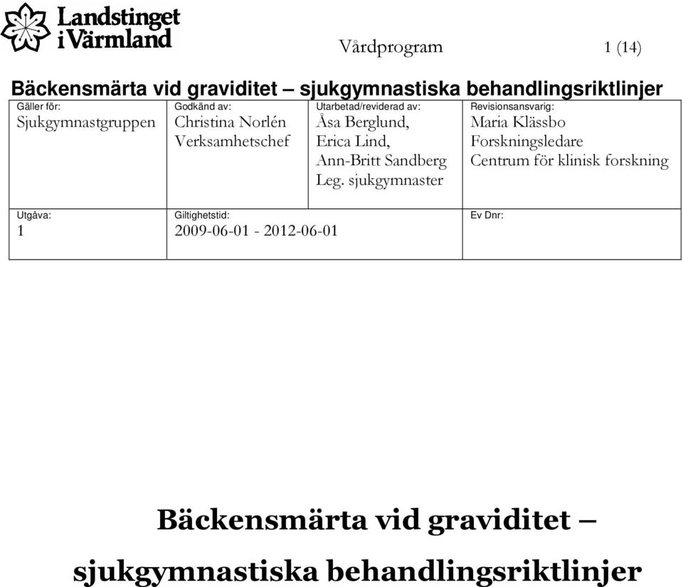 sjukgymnaster Revisionsansvarig: Maria Klässbo Forskningsledare Centrum för klinisk