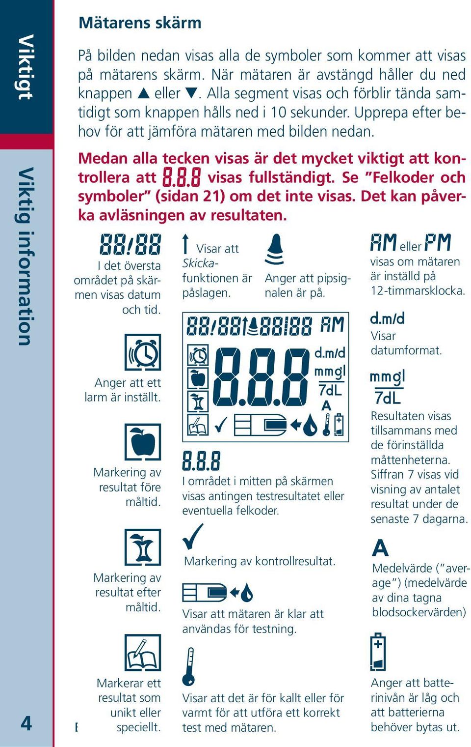 Medan alla tecken visas är det mycket viktigt att kontrollera att visas fullständigt. Se Felkoder och symboler (sidan 21) om det inte visas. Det kan påverka avläsningen av resultaten.