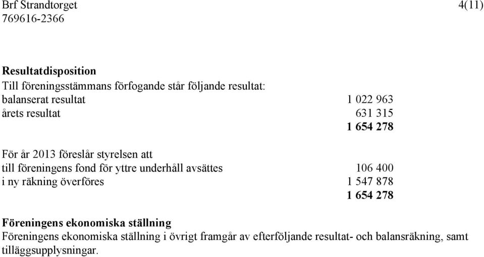 yttre underhåll avsättes 106 400 i ny räkning överföres 1 547 878 1 654 278 Föreningens ekonomiska ställning