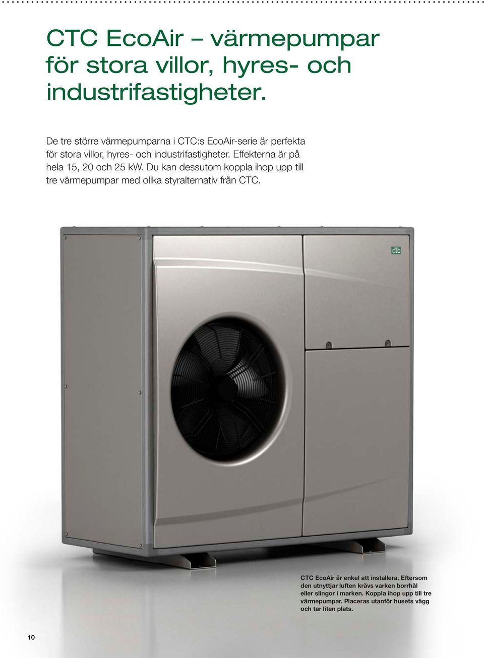 Effekterna är på hela 15, 20 och 25 kw. Du kan dessutom koppla ihop upp till tre värmepumpar med olika styralternativ från CTC.