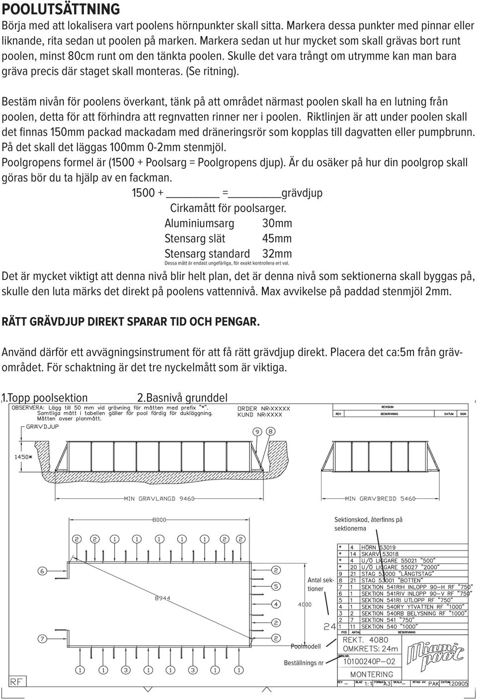 Riktlinjen är att under poolen skall På det skall det läggas 00mm 0-2mm stenmjöl. Poolgropens formel är (500 + Poolsarg = Poolgropens djup).