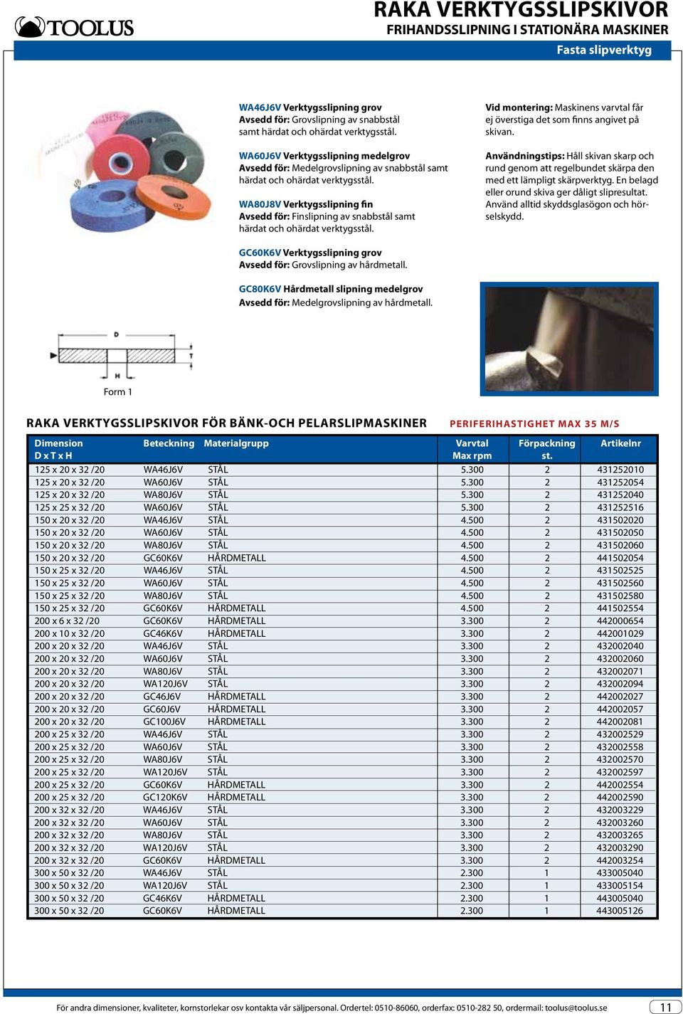 WA80J8V Verktygsslipning fin Avsedd för: Finslipning av snabbstål samt härdat och ohärdat verktygsstål. Vid montering: Maskinens varvtal får ej överstiga det som finns angivet på skivan.