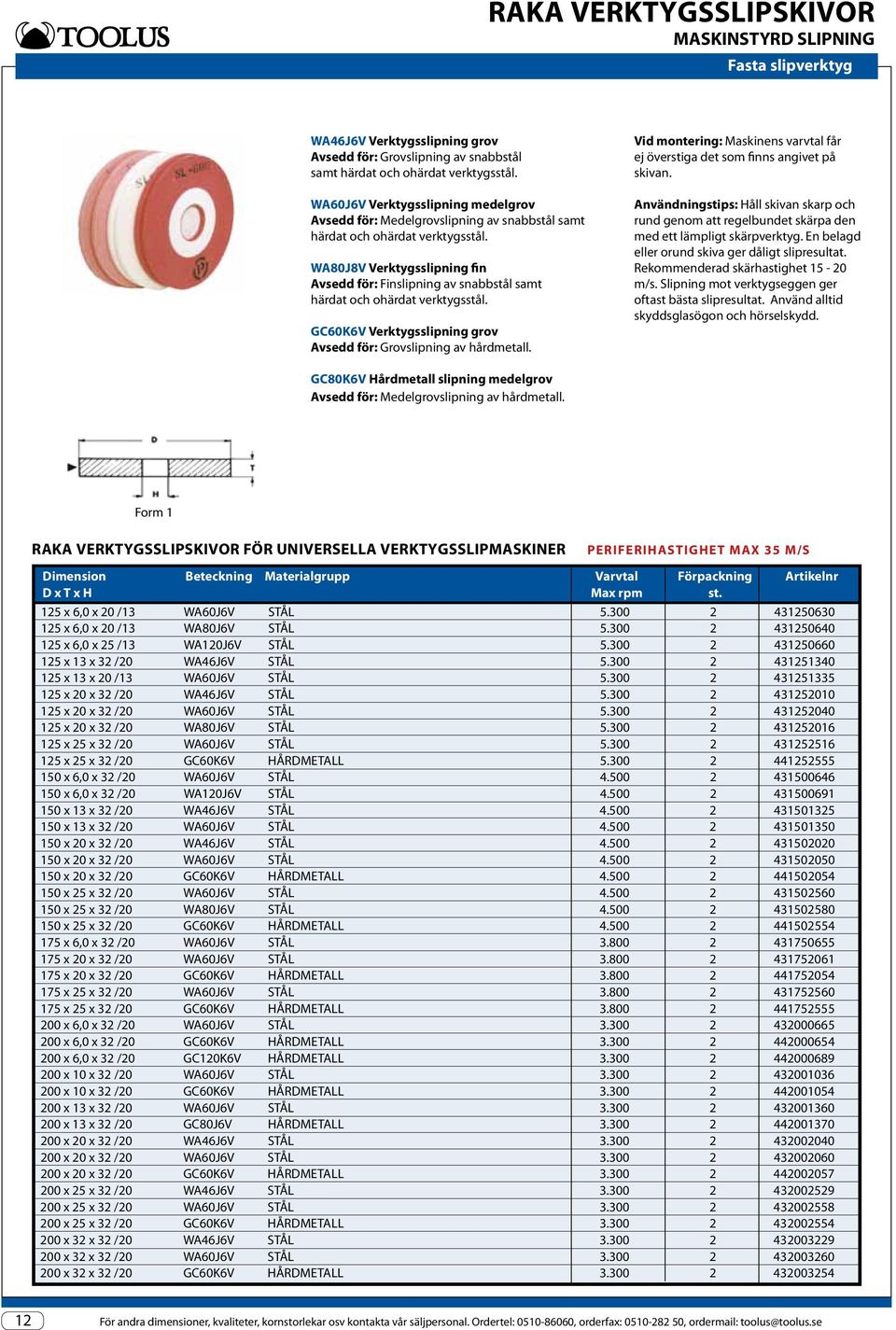 WA80J8V Verktygsslipning fin Avsedd för: Finslipning av snabbstål samt härdat och ohärdat verktygsstål. GC60K6V Verktygsslipning grov Avsedd för: Grovslipning av hårdmetall.