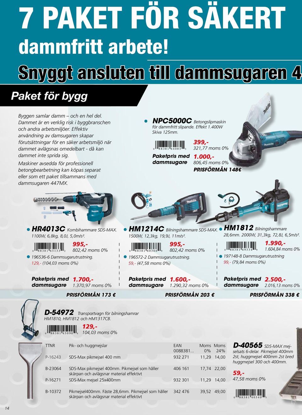 Maskiner avsedda för professionell betongbearbetning kan köpas separat eller som ett paket tillsammans med dammsugaren 447MX. NPC5000C Betongslipmaskin för dammfritt slipande. Effekt 1.