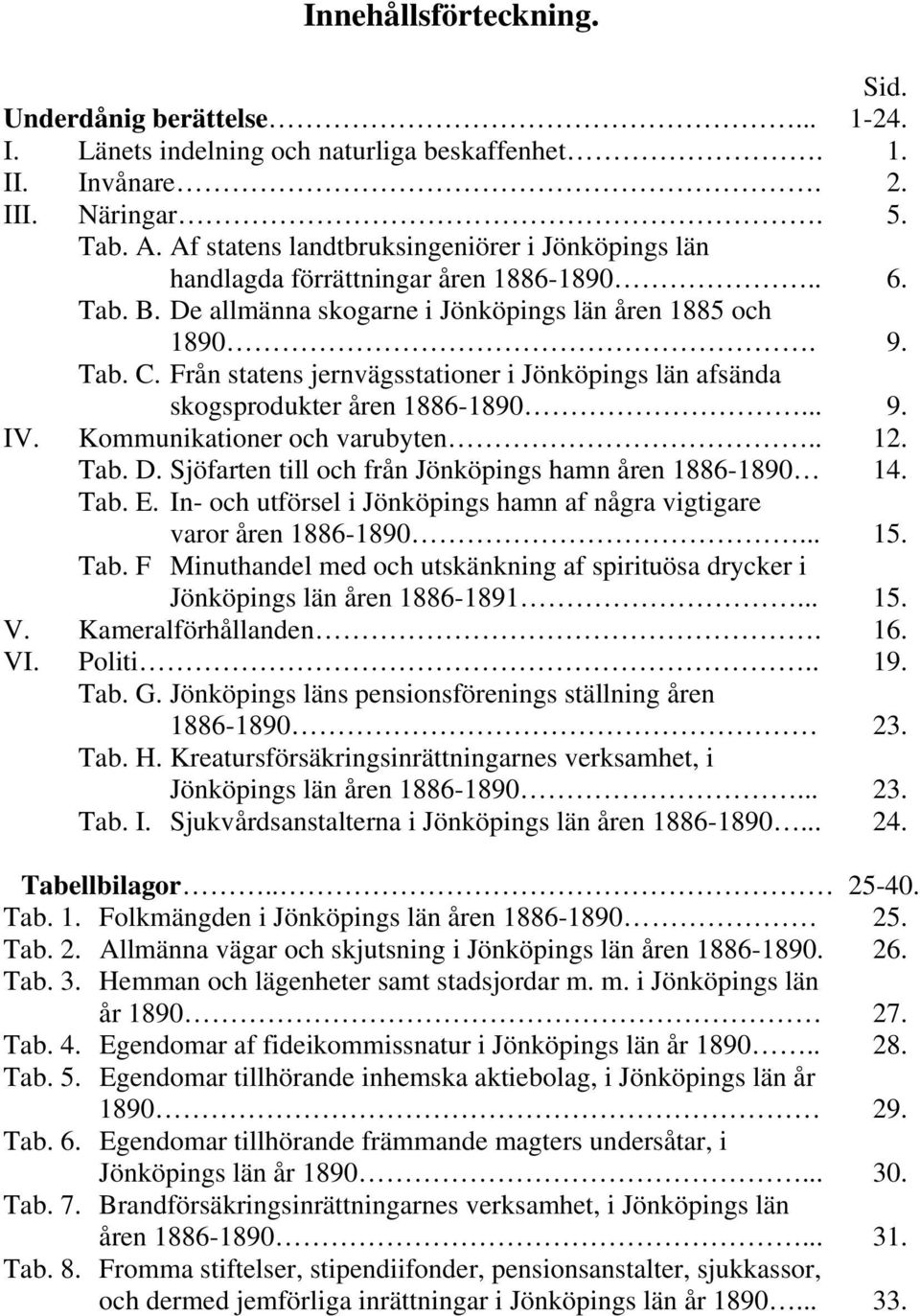Från statens jernvägsstationer i Jönköpings län afsända skogsprodukter åren 1886-1890... 9. IV. Kommunikationer och varubyten.. 12. Tab. D. Sjöfarten till och från Jönköpings hamn åren 1886-1890 14.