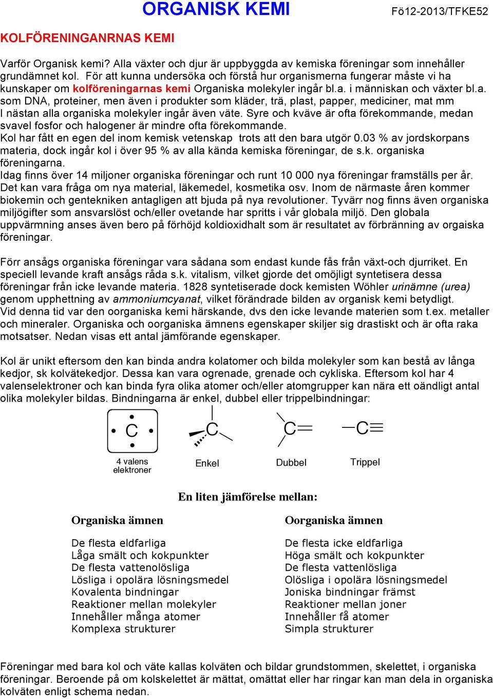 Syre och kväve är ofta förekommande, medan svavel fosfor och halogener är mindre ofta förekommande. Kol har fått en egen del inom kemisk vetenskap trots att den bara utgör 0.