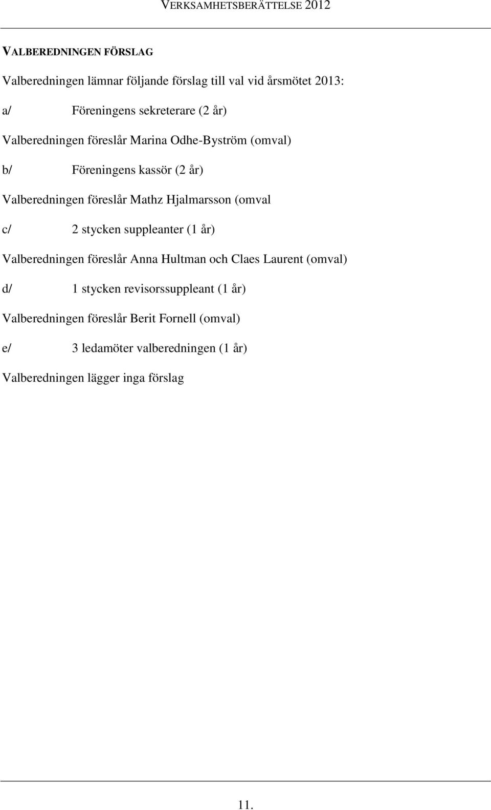 (omval c/ 2 stycken suppleanter (1 år) Valberedningen föreslår Anna Hultman och Claes Laurent (omval) d/ 1 stycken