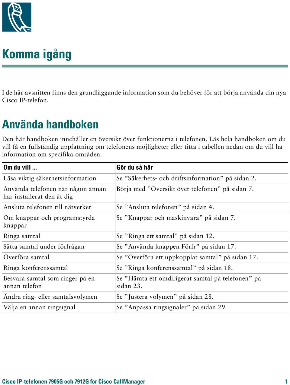 Läs hela handboken om du vill få en fullständig uppfattning om telefonens möjligheter eller titta i tabellen nedan om du vill ha information om specifika områden. Om du vill.