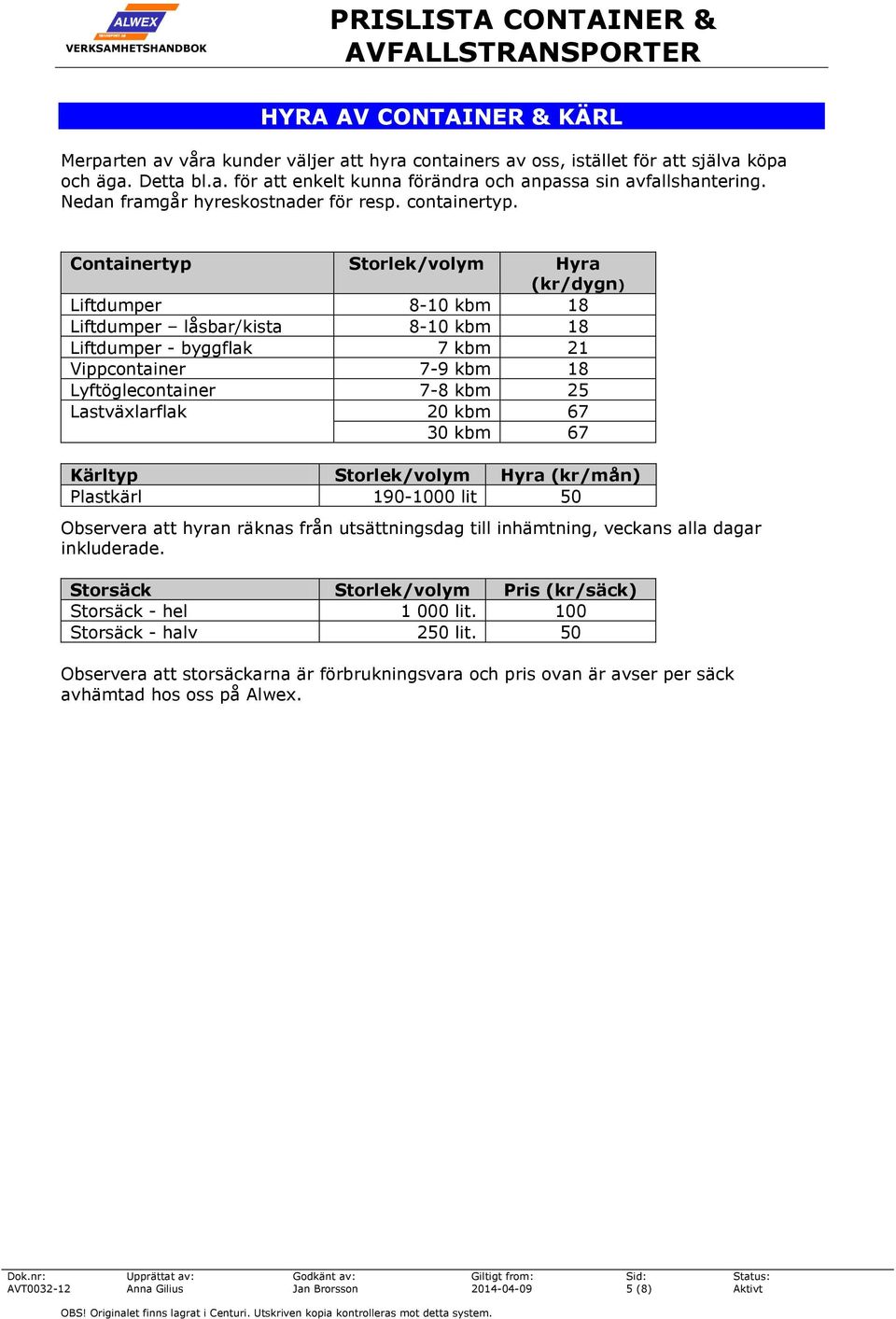 Containertyp Storlek/volym Hyra (kr/dygn) Liftdumper 8-10 kbm 18 Liftdumper låsbar/kista 8-10 kbm 18 Liftdumper - byggflak 7 kbm 21 Vippcontainer 7-9 kbm 18 Lyftöglecontainer 7-8 kbm 25