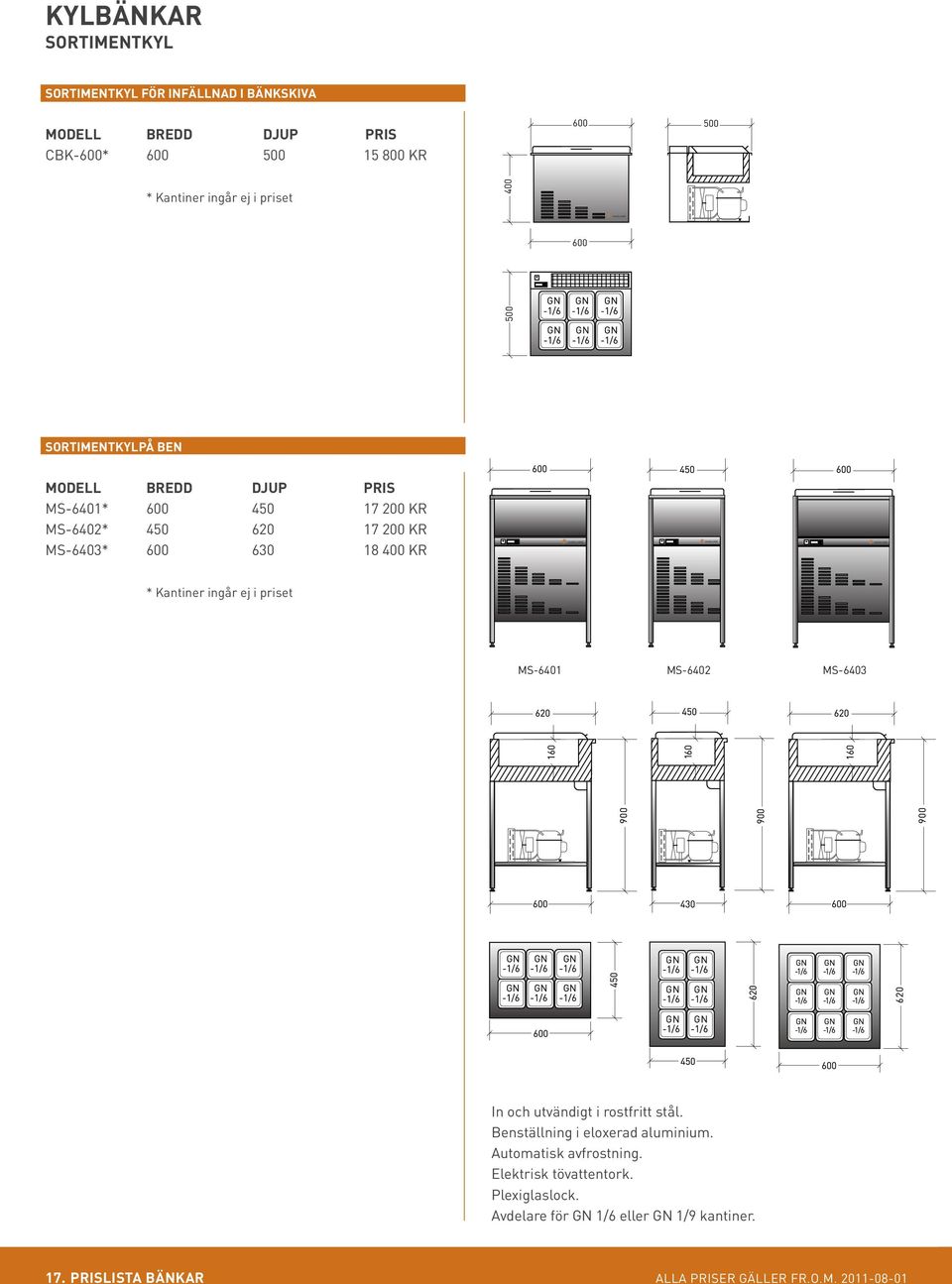 450 620 17 200 KR MS-6403* 600 630 18 400 KR * Kantiner ingår ej i priset MS-6401 MS-6402 MS-6403 In och utvändigt i rostfritt stål.