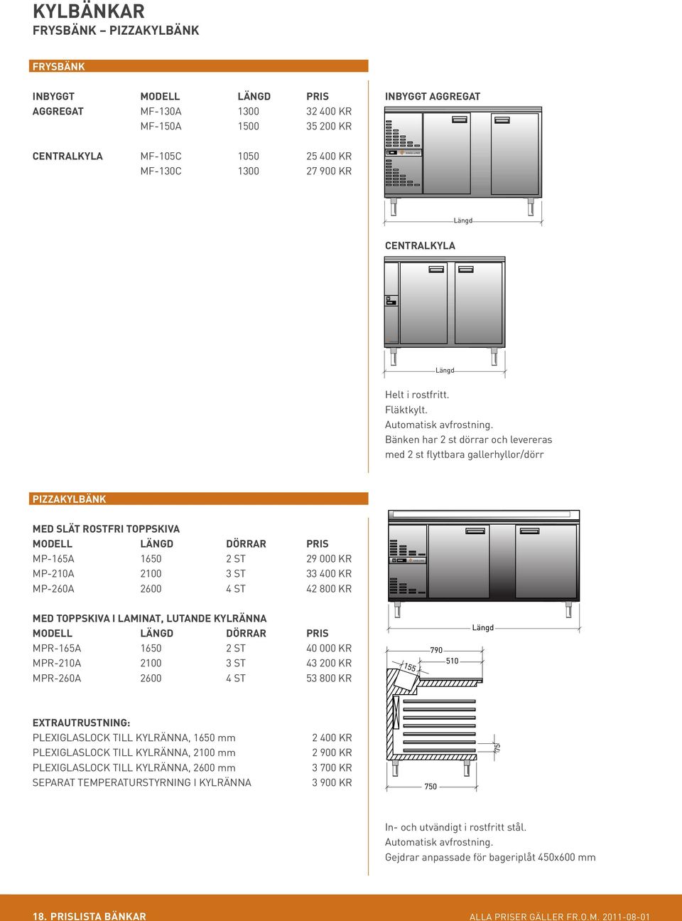 Bänken har 2 st dörrar och levereras med 2 st flyttbara gallerhyllor/dörr PIZZAKYLBÄNK MED SLÄT ROSTFRI TOPPSKIVA MODELL LÄNGD DÖRRAR PRIS MP-165A 1650 2 ST 29 000 KR MP-210A 2100 3 ST 33 400 KR