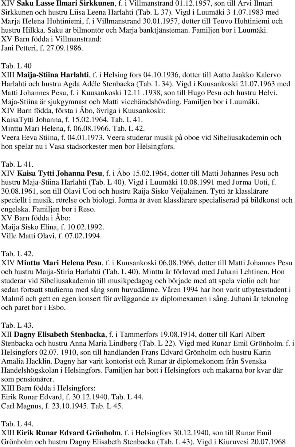 1986. Tab. L 40 XIII Maija-Stiina Harlahti, f. i Helsing fors 04.10.1936, dotter till Aatto Jaakko Kalervo Harlahti och hustru Agda Adéle Stenbacka (Tab. L 34). Vigd i Kuusankoski 21.07.