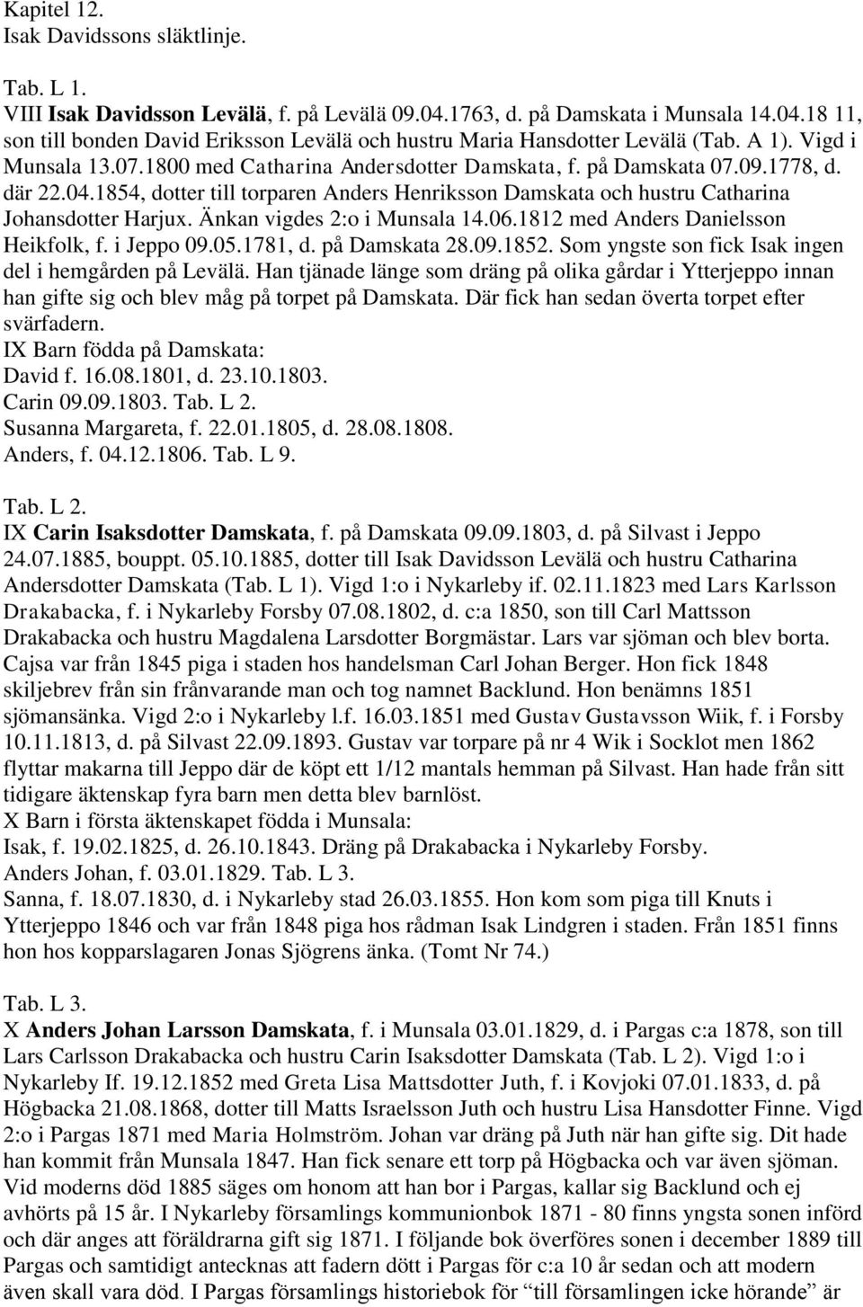 1854, dotter till torparen Anders Henriksson Damskata och hustru Catharina Johansdotter Harjux. Änkan vigdes 2:o i Munsala 14.06.1812 med Anders Danielsson Heikfolk, f. i Jeppo 09.05.1781, d.