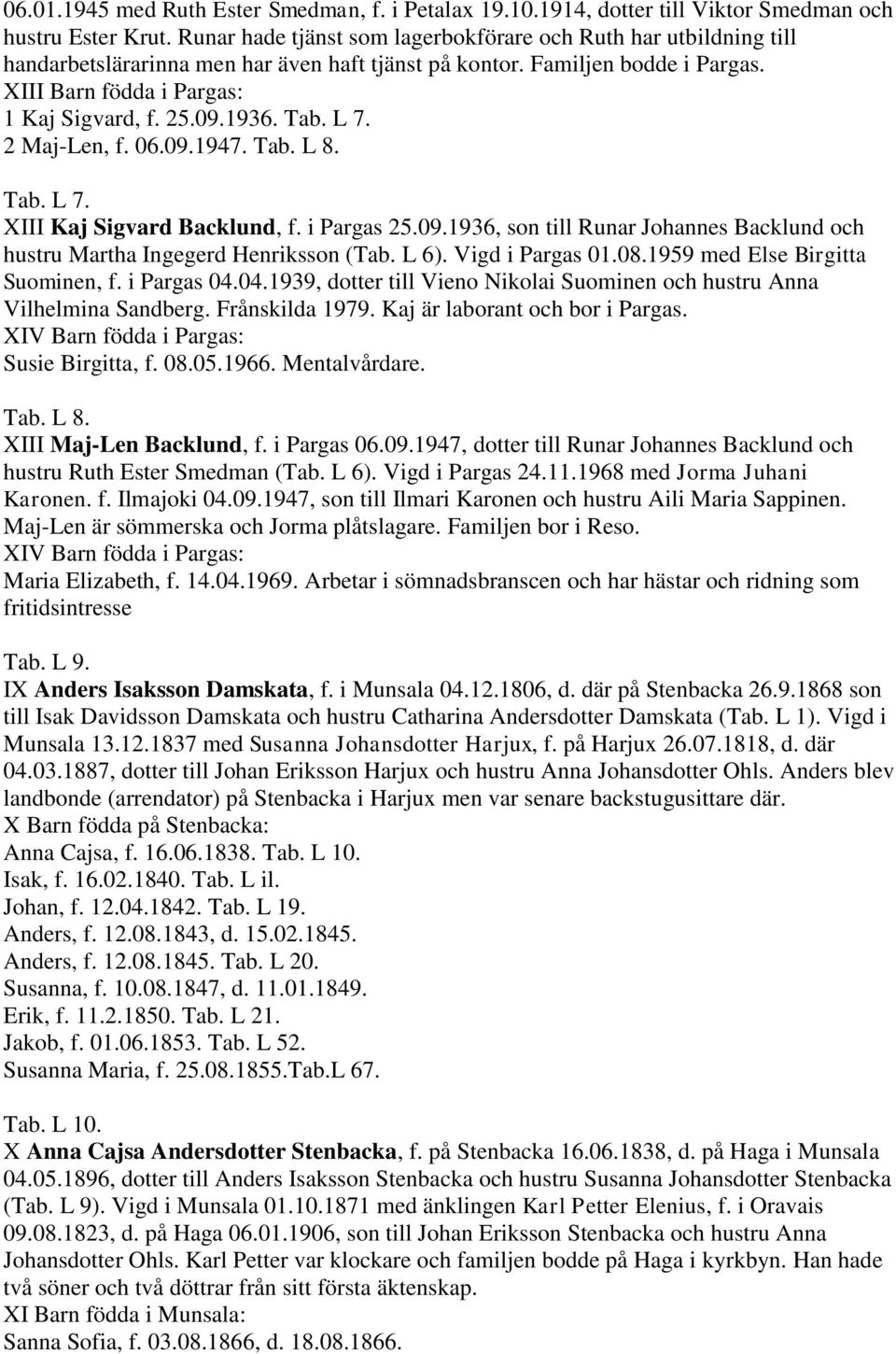 1936. Tab. L 7. 2 Maj-Len, f. 06.09.1947. Tab. L 8. Tab. L 7. XIII Kaj Sigvard Backlund, f. i Pargas 25.09.1936, son till Runar Johannes Backlund och hustru Martha Ingegerd Henriksson (Tab. L 6).