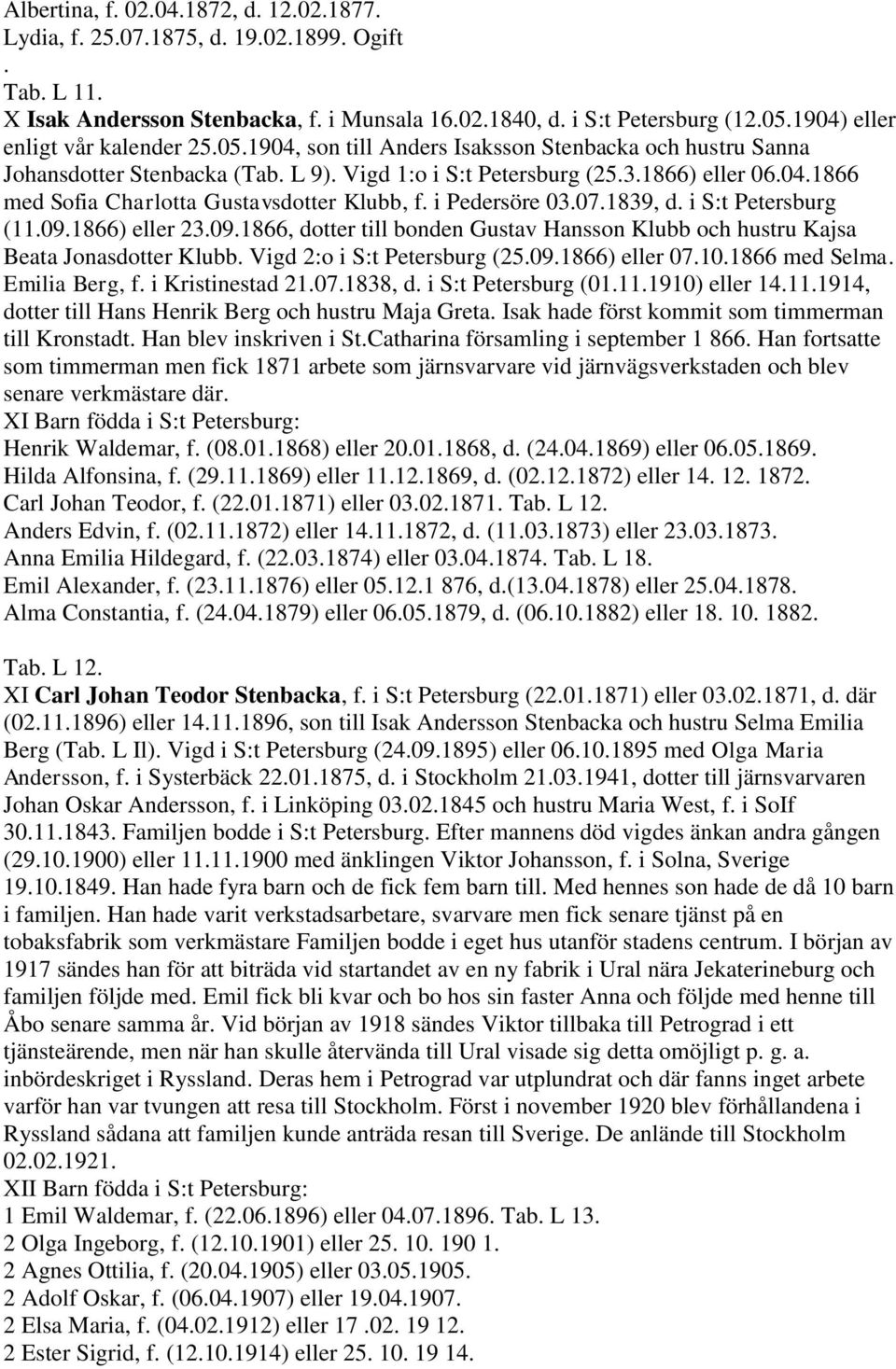 i Pedersöre 03.07.1839, d. i S:t Petersburg (11.09.1866) eller 23.09.1866, dotter till bonden Gustav Hansson Klubb och hustru Kajsa Beata Jonasdotter Klubb. Vigd 2:o i S:t Petersburg (25.09.1866) eller 07.