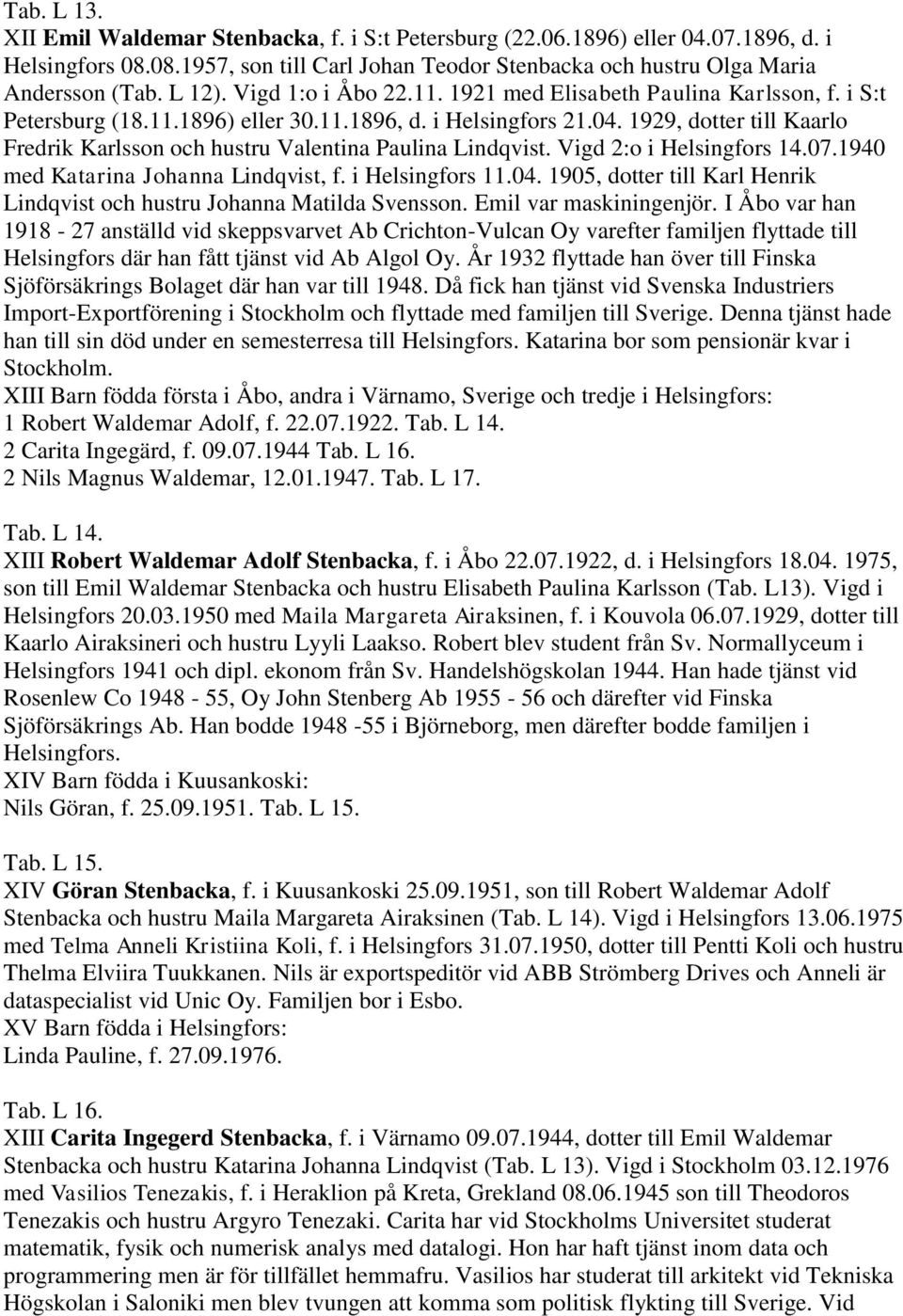 1929, dotter till Kaarlo Fredrik Karlsson och hustru Valentina Paulina Lindqvist. Vigd 2:o i Helsingfors 14.07.1940 med Katarina Johanna Lindqvist, f. i Helsingfors 11.04.