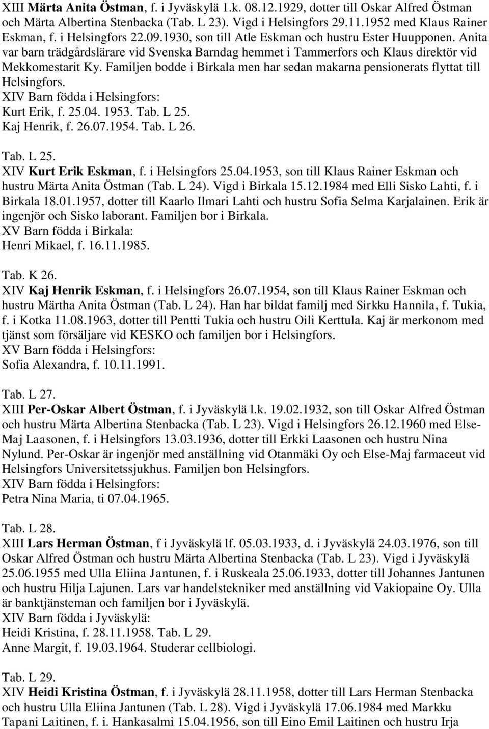 Familjen bodde i Birkala men har sedan makarna pensionerats flyttat till Helsingfors. XIV Barn födda i Helsingfors: Kurt Erik, f. 25.04. 1953. Tab. L 25. Kaj Henrik, f. 26.07.1954. Tab. L 26. Tab. L 25. XIV Kurt Erik Eskman, f.