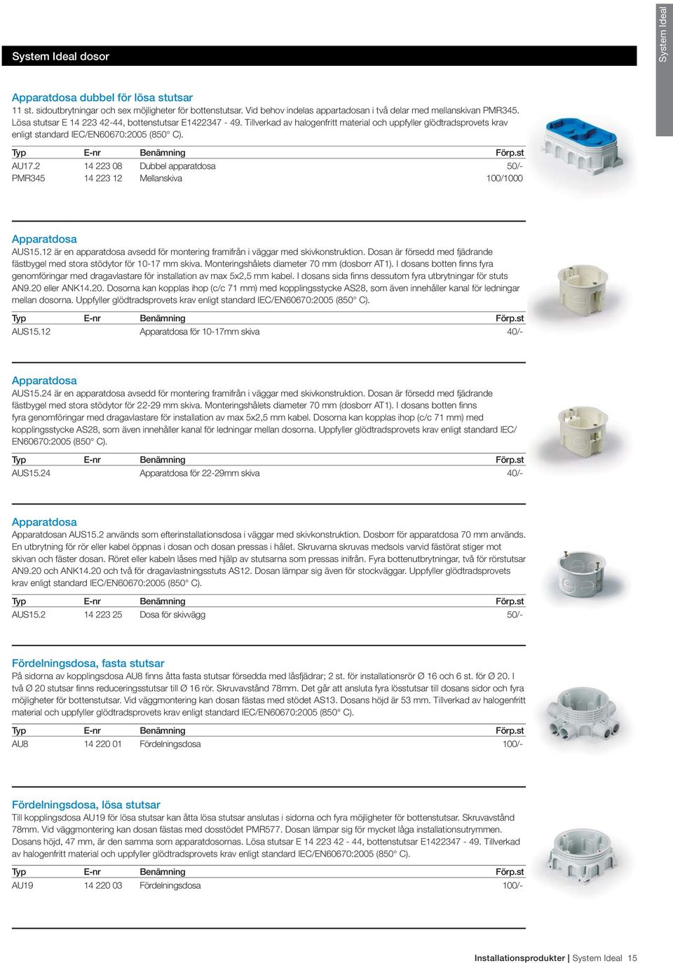 2 14 223 08 Dubbel apparatdosa 50/- PMR345 14 223 12 Mellanskiva 100/1000 Apparatdosa AUS15.12 är en apparatdosa avsedd för montering framifrån i väggar med skivkonstruktion.