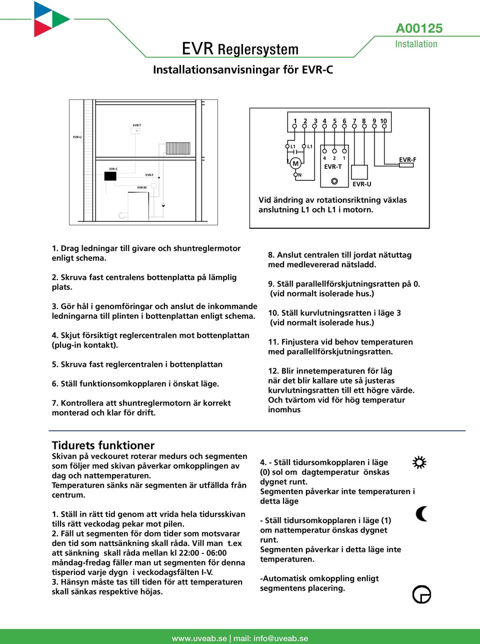 Skjut försiktigt reglercentralen mot bottenplattan (plug-in kontakt). 5. Skruva fast reglercentralen i bottenplattan 6. Ställ funktionsomkopplaren i önskat läge. 7.