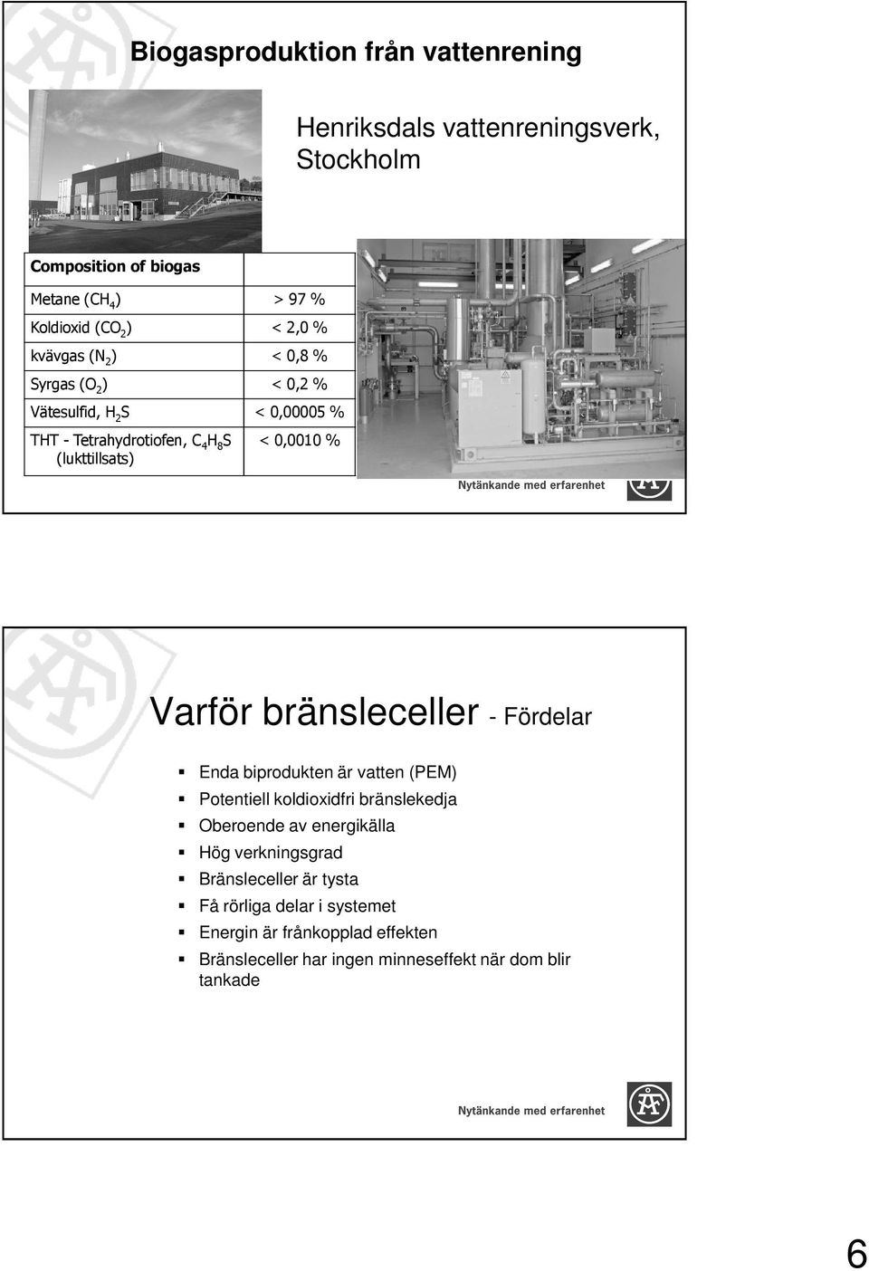 Varför bränsleceller - Fördelar Enda biprodukten är vatten (PEM) Potentiell koldioxidfri bränslekedja Oberoende av energikälla Hög