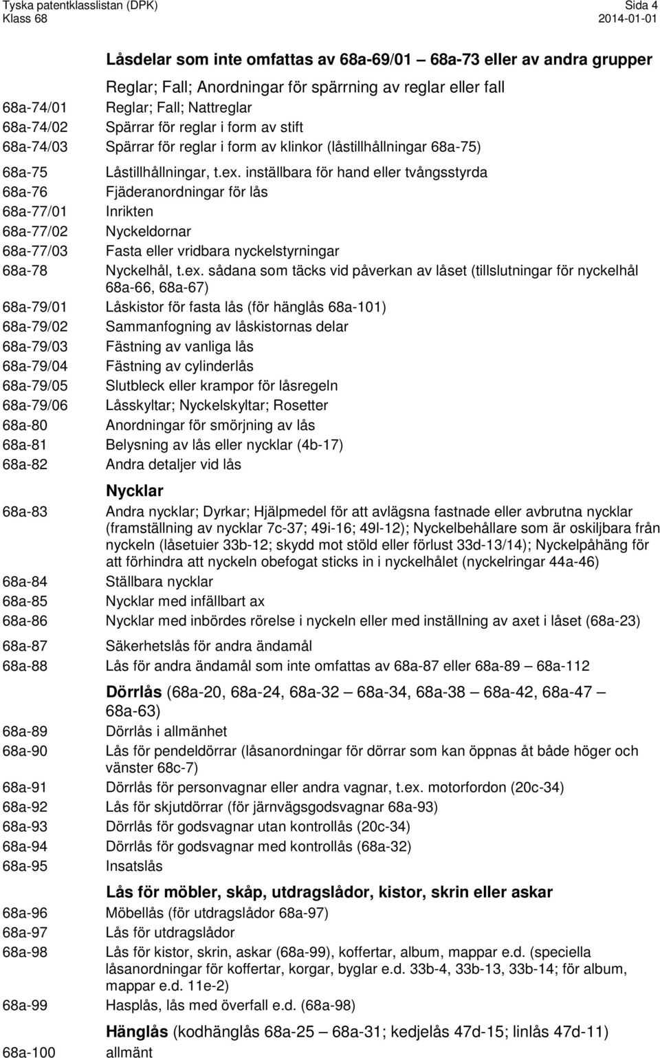 inställbara för hand eller tvångsstyrda 68a-76 Fjäderanordningar för lås 68a-77/01 Inrikten 68a-77/02 Nyckeldornar 68a-77/03 Fasta eller vridbara nyckelstyrningar 68a-78 Nyckelhål, t.ex.