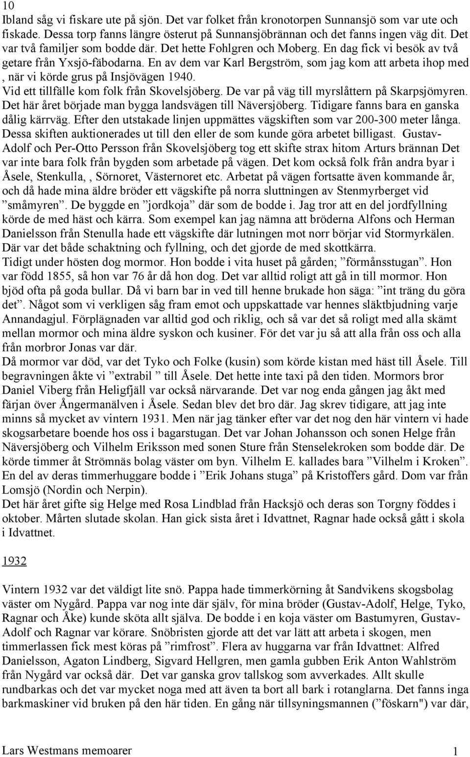 En av dem var Karl Bergström, som jag kom att arbeta ihop med, när vi körde grus på Insjövägen 1940. Vid ett tillfälle kom folk från Skovelsjöberg. De var på väg till myrslåttern på Skarpsjömyren.