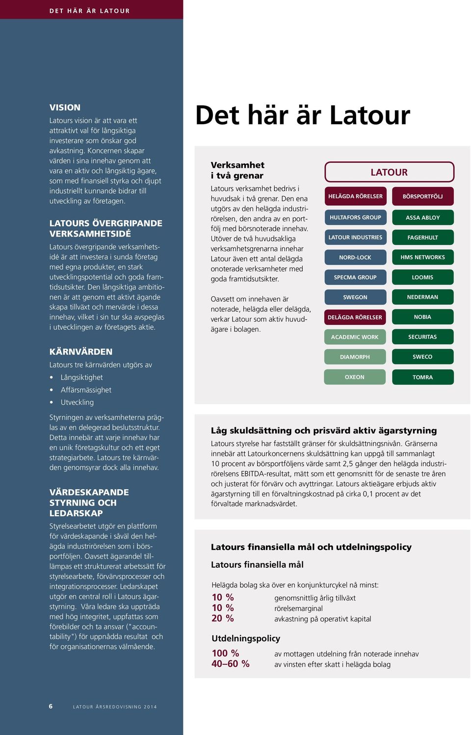 latours ÖVeRGRIPAnDe VeRKSAMheTSIDÉ Latours övergripande verksamhetsidé är att investera i sunda företag med egna produkter, en stark utvecklingspotential och goda framtidsutsikter.