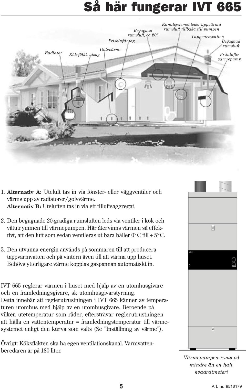 Den begagnade 2-gradiga rumsluften leds via ventiler i kök och våtutrymmen till värmepumpen. Här återvinns värmen så effektivt, att den luft som sedan ventileras ut bara håller C till + 5 C. 3.