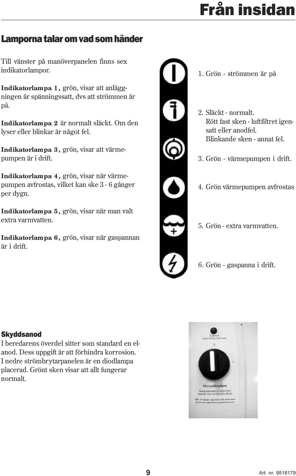 Indikatorlampa 4, grön, visar när värmepumpen avfrostas, vilket kan ske 3-6 gånger per dygn. Indikatorlampa 5, grön, visar när man valt extra varmvatten.