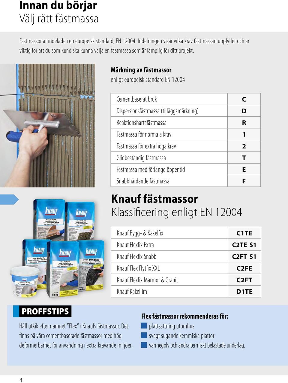 ärkning av fästmassor enligt europeisk standard EN 12004 Cementbaserat bruk C Dispersionsfästmassa (tilläggsmärkning) D Reaktionshartsfästmassa R Fästmassa för normala krav 1 Fästmassa för extra höga