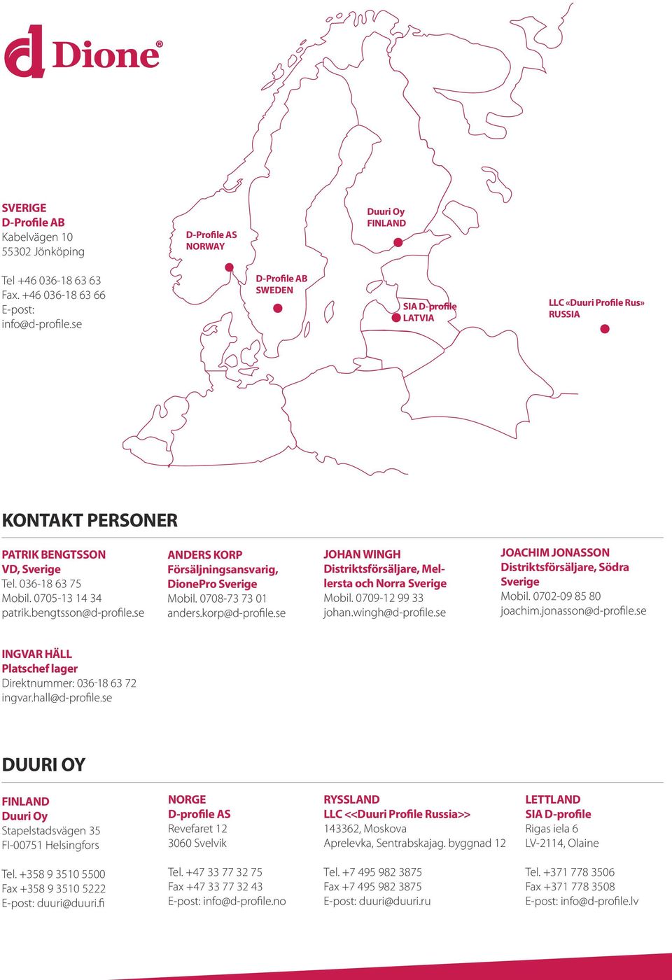 se Anders Korp Försäljningsansvarig, DionePro Sverige Mobil. 0708-73 73 01 anders.korp@d-profile.se Johan Wingh Distriktsförsäljare, Mellersta och Norra Sverige Mobil. 0709-12 99 33 johan.