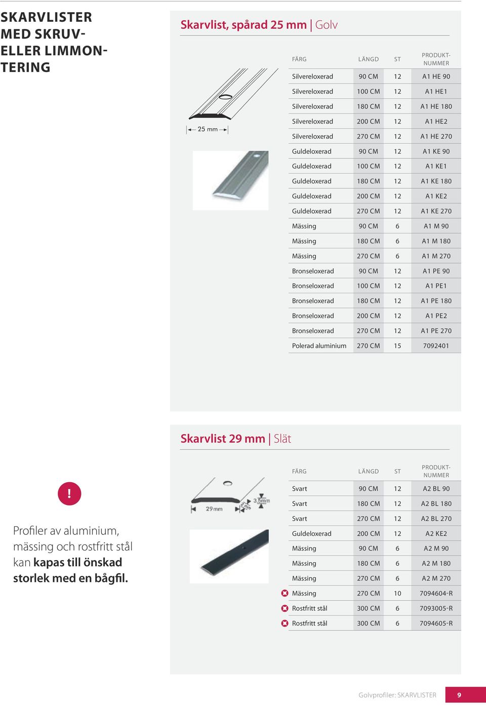 A1 M 180 Mässing 270 cm 6 A1 M 270 Bronseloxerad 90 cm 12 A1 PE 90 Bronseloxerad 100 cm 12 A1 PE1 Bronseloxerad 180 cm 12 A1 PE 180 Bronseloxerad 200 cm 12 A1 PE2 Bronseloxerad 270 cm 12 A1 PE 270