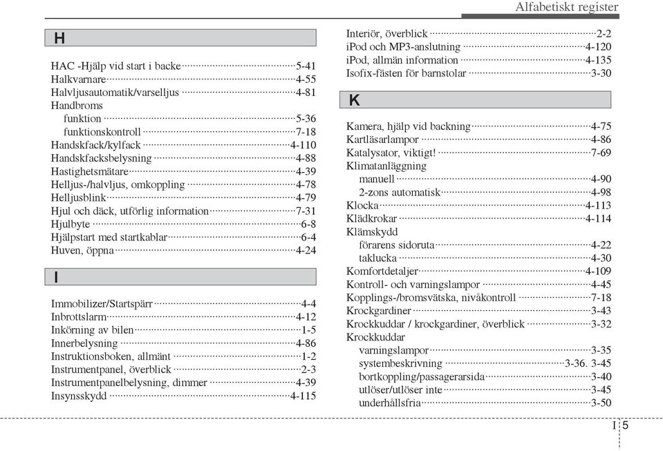 4-24 I Immobilizer/Startspärr 4-4 Inbrottslarm 4-12 Inkörning av bilen 1-5 Innerbelysning 4-86 Instruktionsboken, allmänt 1-2 Instrumentpanel, överblick 2-3 Instrumentpanelbelysning, dimmer 4-39