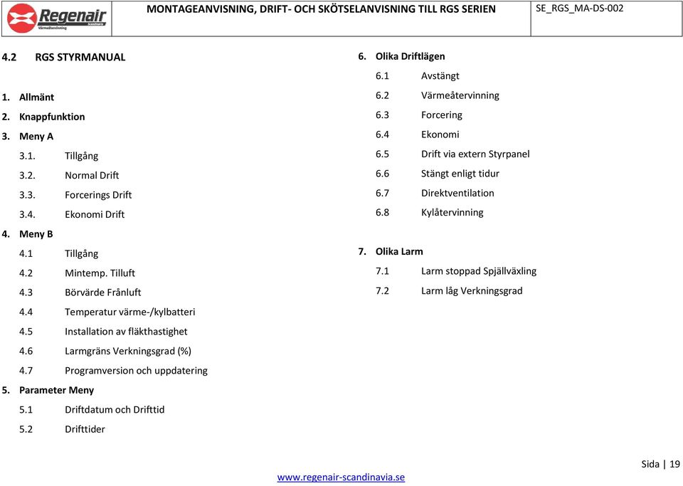 7 Programversion och uppdatering 5. Parameter Meny 5.1 Driftdatum och Drifttid 5.2 Drifttider 6. Olika Driftlägen 6.1 Avstängt 6.2 Värmeåtervinning 6.