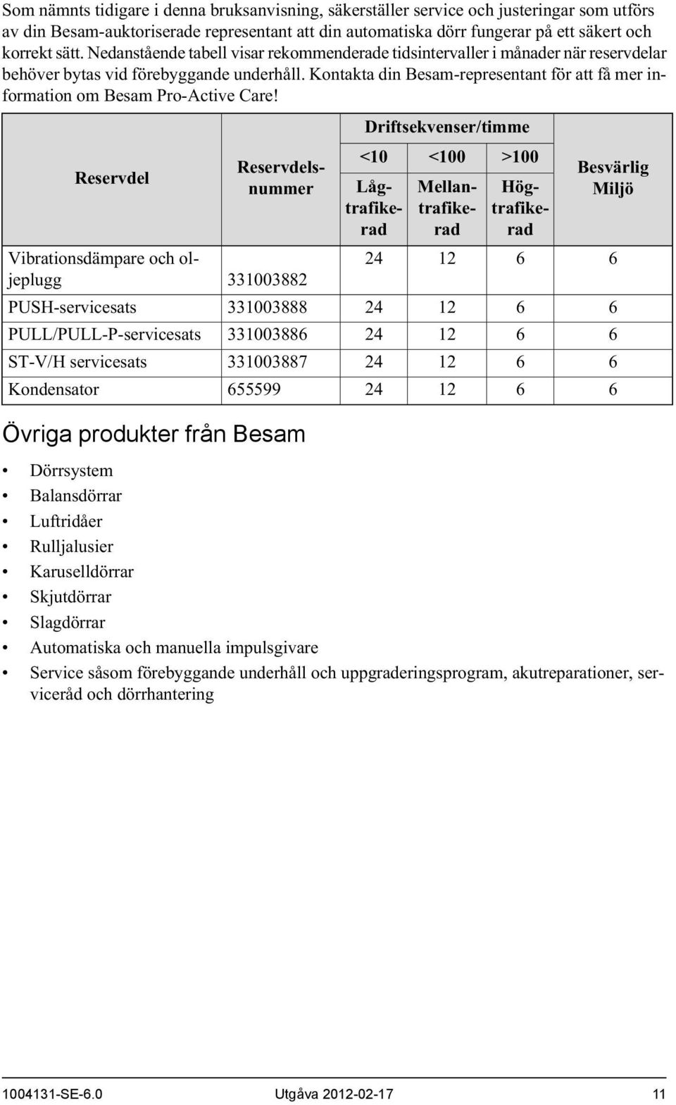 Kontakta din Besam-representant för att få mer information om Besam Pro-Active Care!