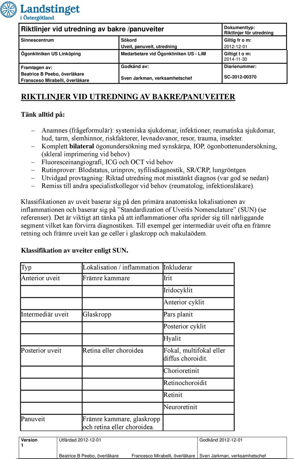 Komplett bilateral ögonundersökning med synskärpa, IOP, ögonbottenundersökning, (skleral imprimering vid behov) Fluoresceinangiografi, ICG och OCT vid behov Rutinprover: Blodstatus, urinprov,