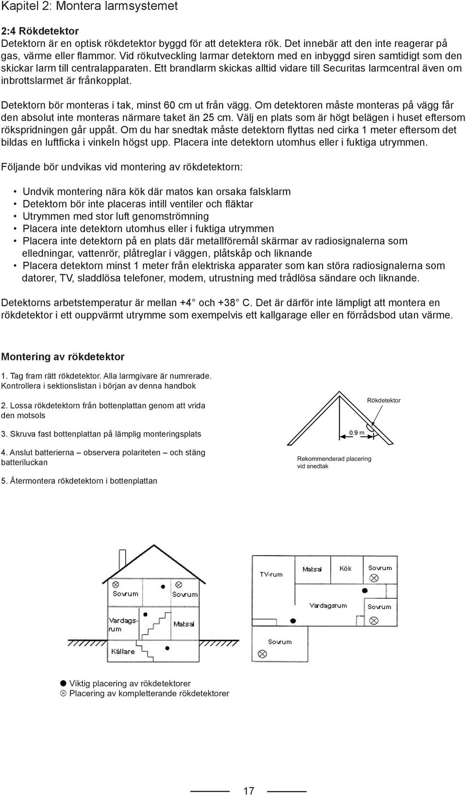 Ett brandlarm skickas alltid vidare till Securitas larmcentral även om inbrottslarmet är frånkopplat. Detektorn bör monteras i tak, minst 60 cm ut från vägg.