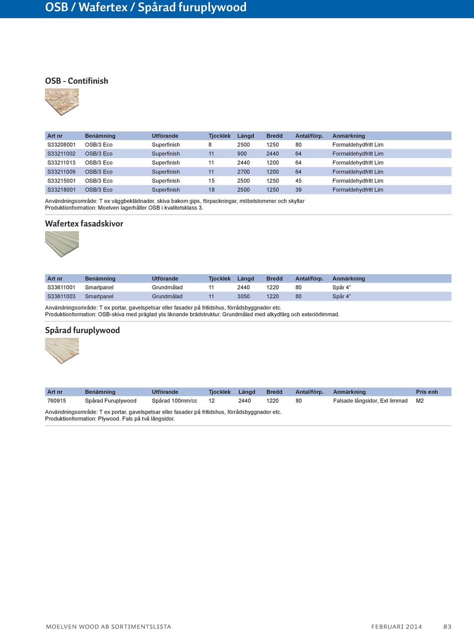 S33218001 OSB/3 Eco Superfinish 18 2500 1250 39 Formaldehydfritt Lim Användningsområde: T ex väggbeklädnader, skiva bakom gips, förpackningar, möbelstommer och skyltar Produktionformation: Moelven