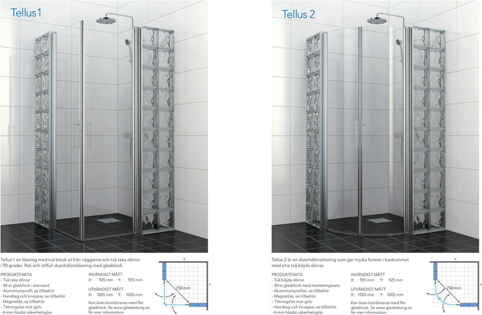 - Två raka dörrar - 40 st glasblock i standard - Aluminiumprofil, se tillbehör - Magnetlås, se tillbehör - Tätningslist mot golv INVÄNDIGT MÅTT X: 925 mm Y: 925 mm X: 1005 mm Y: 1005 mm Kan