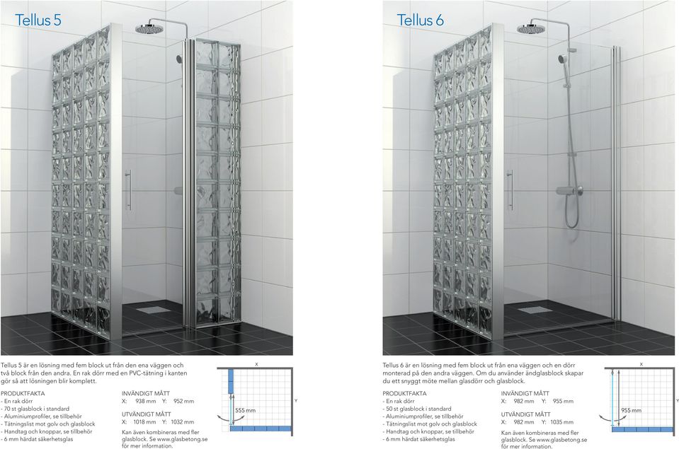 - En rak dörr - 70 st glasblock i standard - Tätningslist mot golv och glasblock INVÄNDIGT MÅTT X: 938 mm Y: 952 mm X: 1018 mm Y: 1032 mm Kan även kombineras med fler glasblock. Se www.glasbetong.