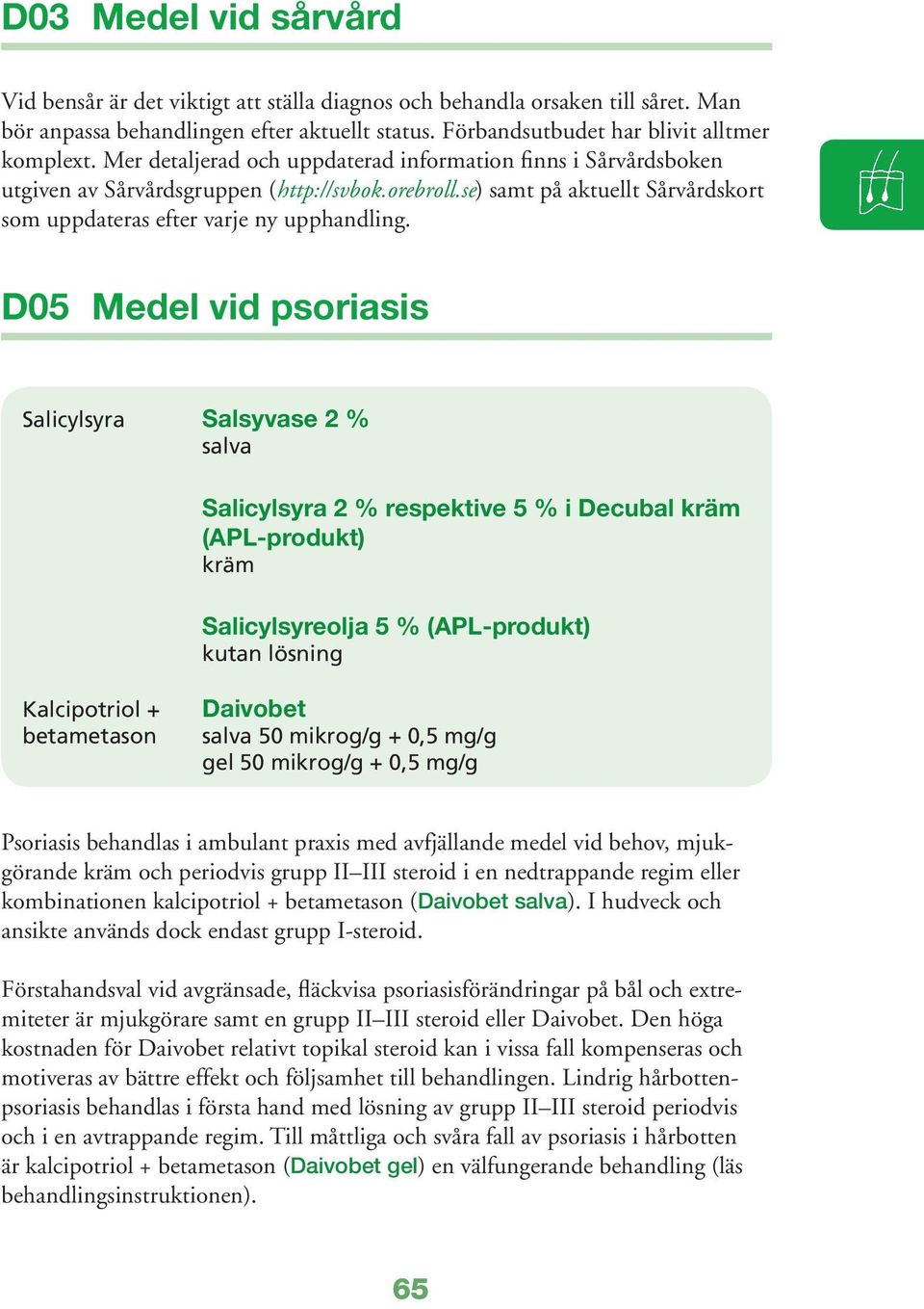 D05 Medel vid psoriasis Salicylsyra Salsyvase 2 % salva Salicylsyra 2 % respektive 5 % i Decubal kräm (APL-produkt) kräm Salicylsyreolja 5 % (APL-produkt) kutan lösning Kalcipotriol + betametason