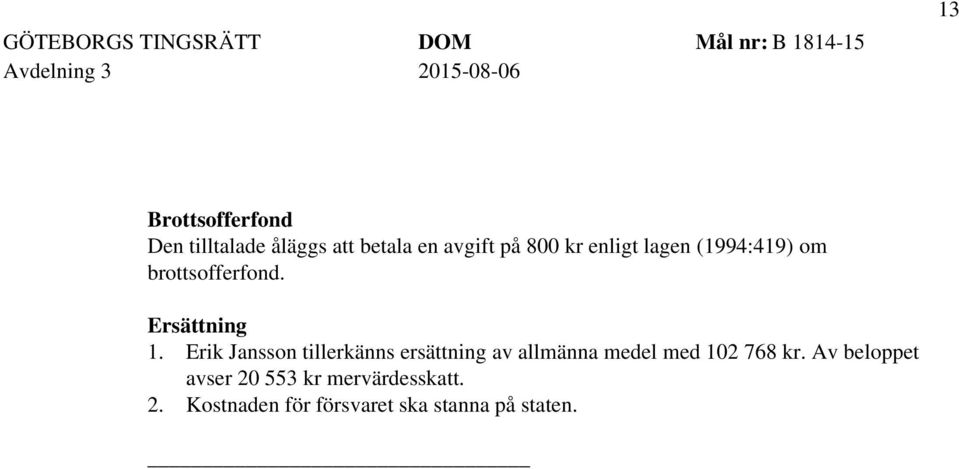 Ersättning 1. Erik Jansson tillerkänns ersättning av allmänna medel med 102 768 kr.