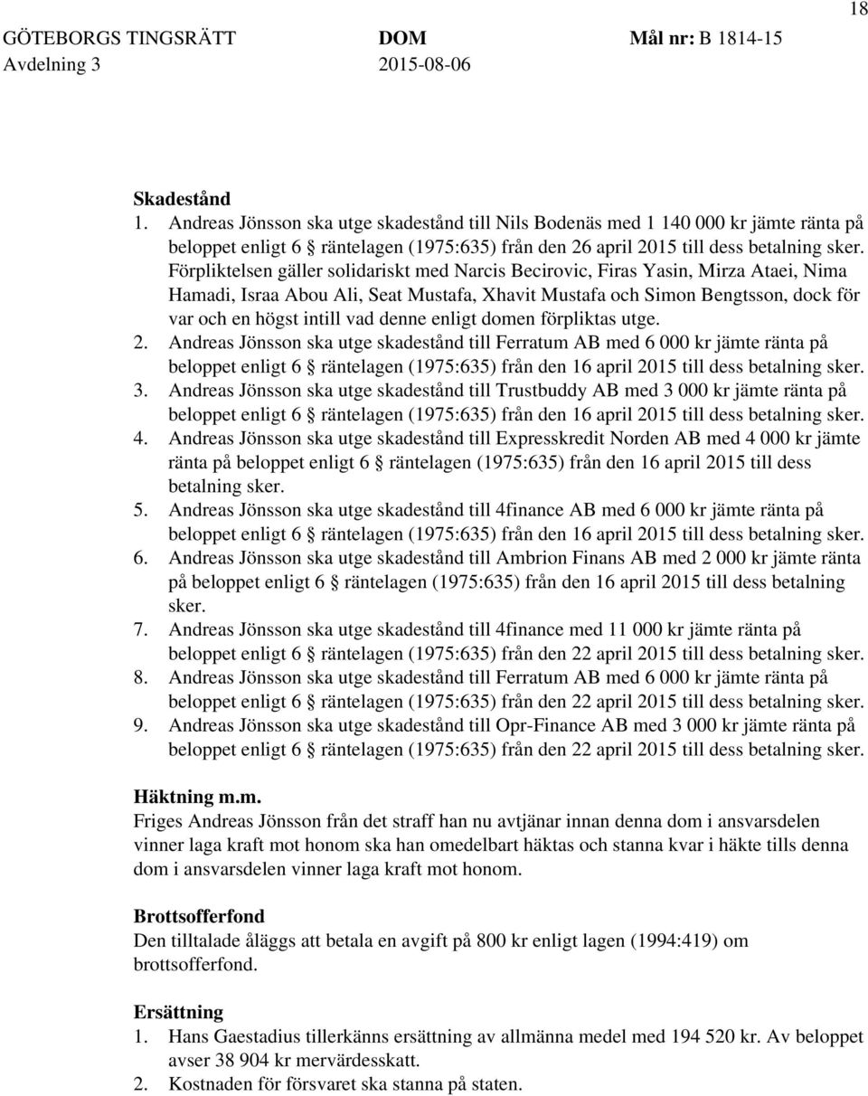 Förpliktelsen gäller solidariskt med Narcis Becirovic, Firas Yasin, Mirza Ataei, Nima Hamadi, Israa Abou Ali, Seat Mustafa, Xhavit Mustafa och Simon Bengtsson, dock för var och en högst intill vad