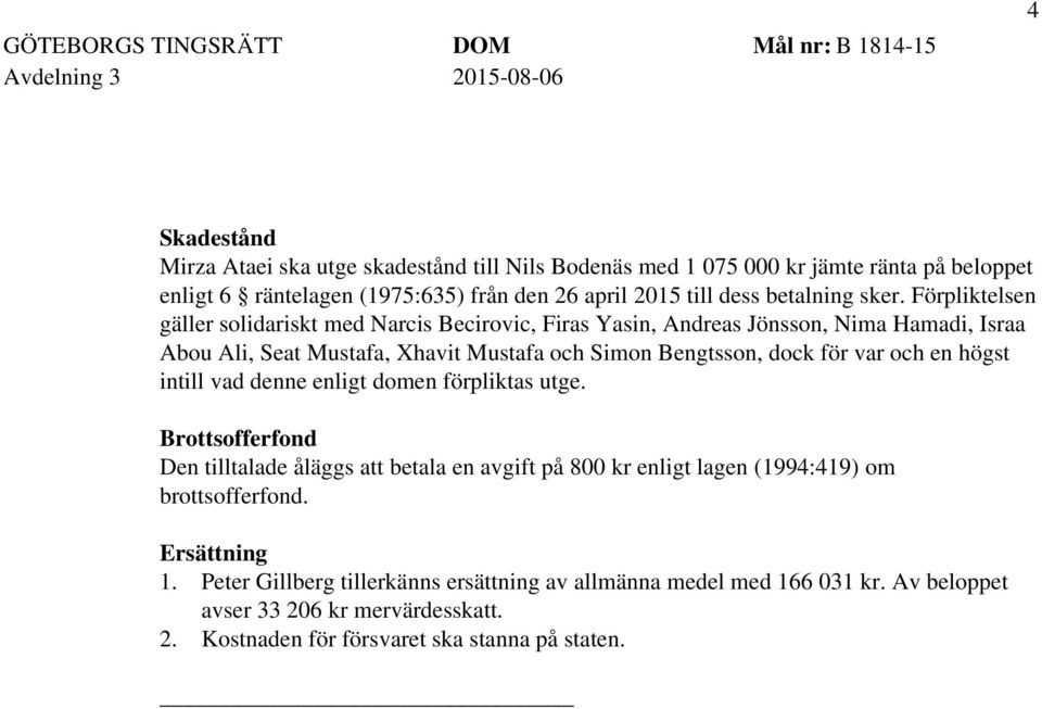 Förpliktelsen gäller solidariskt med Narcis Becirovic, Firas Yasin, Andreas Jönsson, Nima Hamadi, Israa Abou Ali, Seat Mustafa, Xhavit Mustafa och Simon Bengtsson, dock för var och en