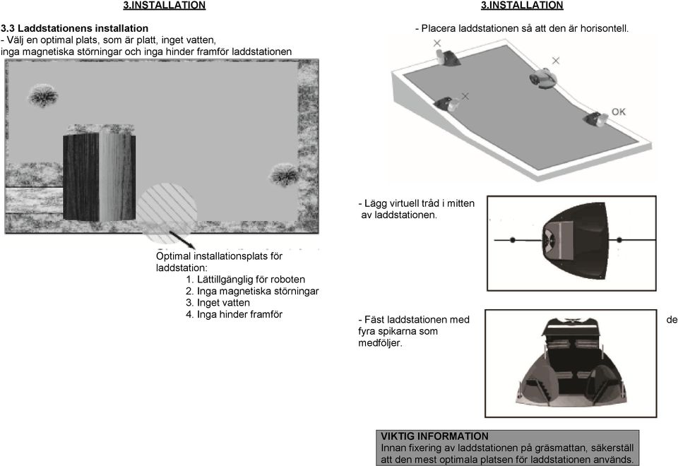 INSTALLATION - Placera laddstationen så att den är horisontell. - Lägg virtuell tråd i mitten av laddstationen.