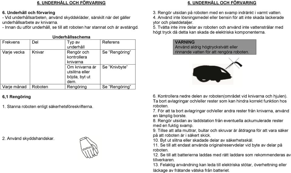 Underhållsschema Frekvens Del Typ av Referens underhåll Varje vecka Knivar Rengör och Se Rengöring kontrollera knivarna Om knivarna är Se Knivbyte utslitna eller böjda, byt ut dem.