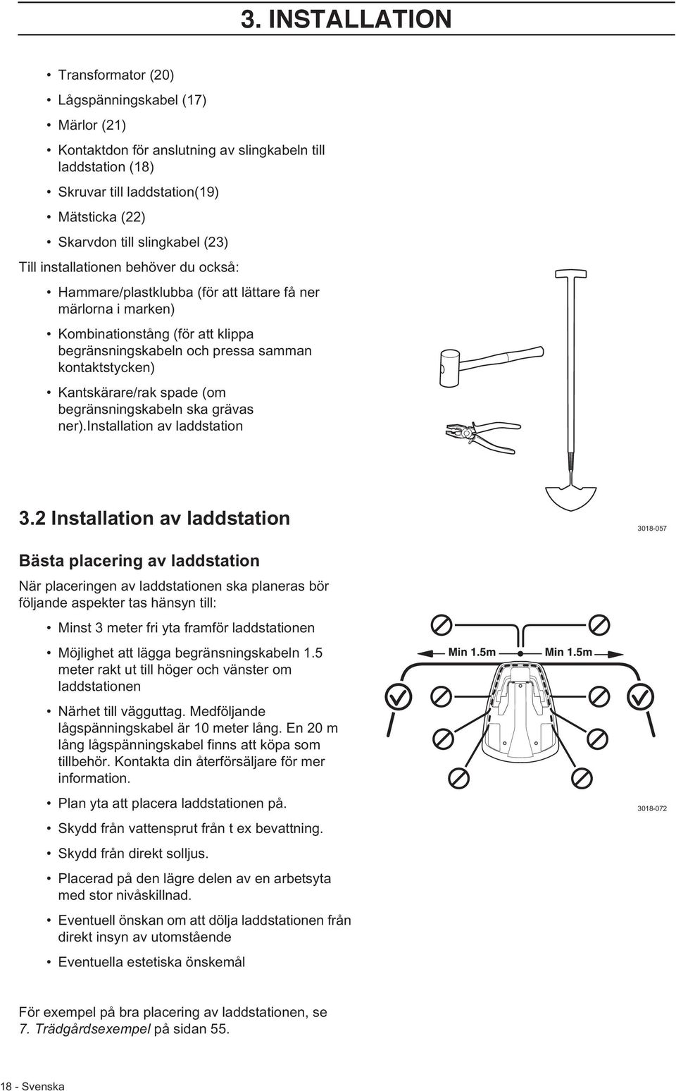 kontaktstycken) Kantskärare/rak spade (om begränsningskabeln ska grävas ner).installation av laddstation 3.